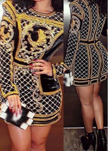 Round Neck Printed Long Sleeve Black Dress