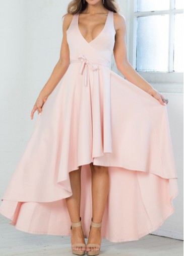 Pink V Neck Belt Design Asymmetric Maxi Dress