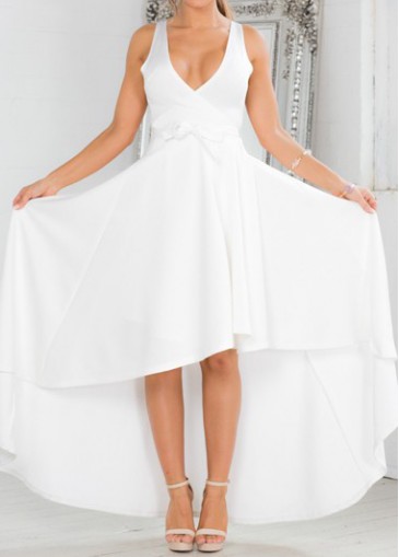Belt Design V Neck White Asymmetric Maxi Dress