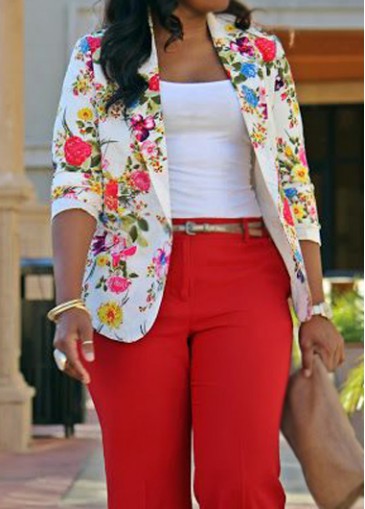 Flower Print Turndown Collar Long Sleeve Blazer