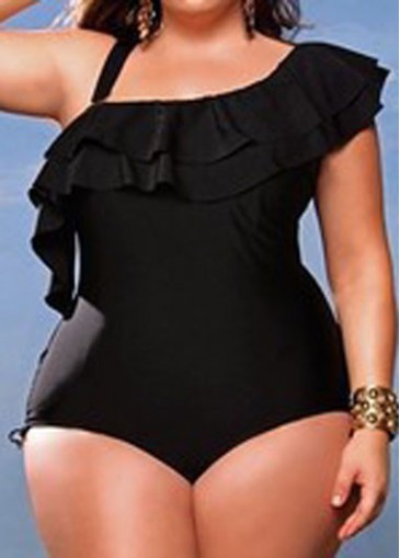 Flouncing Hem Black Plus Size One Piece Swimwear