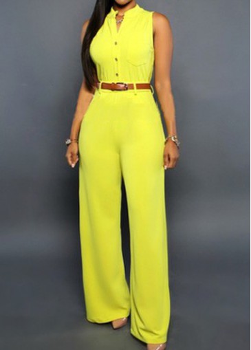 Sleeveless Button Decorated Yellow Loose Jumpsuit