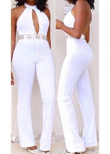 White Halter Keyhole Design Ankle Length Jumpsuits