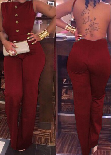 Open Back Button Decorated Wine Red Jumpsuits