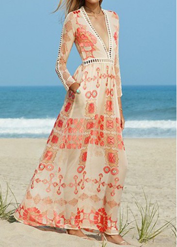 Orange Printed Plunging Neck Maxi Dress