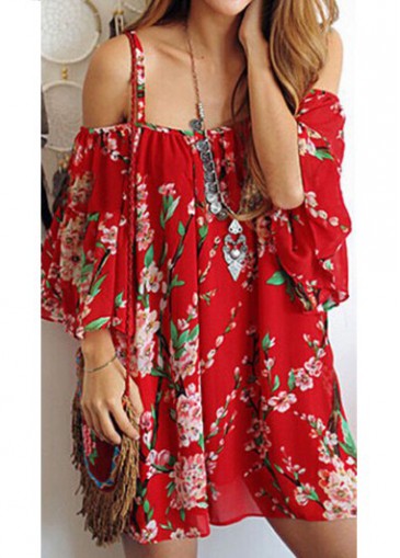 Flower Print Off the Shoulder Red Shift Dress