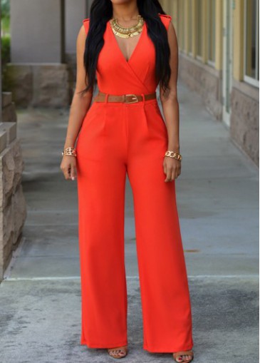 Solid Orange V Neck High WaistJumpsuits