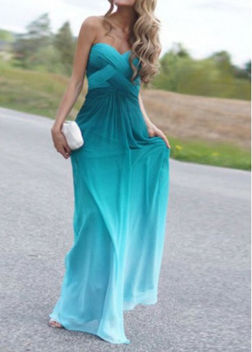 Omber High Waist Blue Strapless Maxi Dress