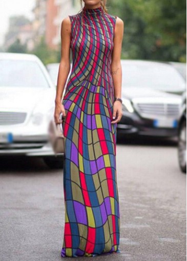 Multi Color Sleeveless Plaid Print Maxi Dress