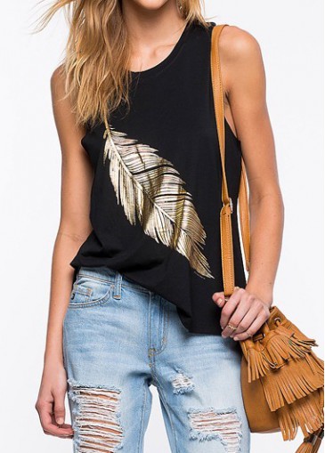 Feather Pattern Black Round Neck Tank Top