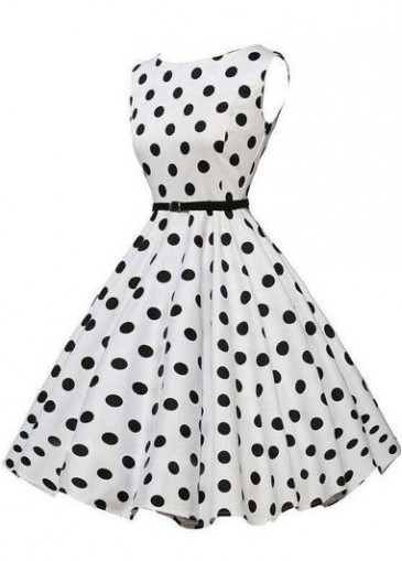 White Sleeveless Polka Dot Print A Line Dress