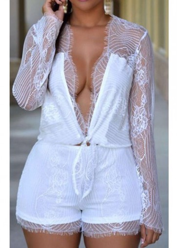 Long Sleeve White Lace Collarless Rompers