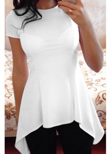 White Short Sleeve Asymmetric Hem Design Blouse