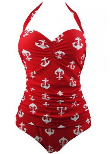 Halter Neck Printed Red One Piece Swimwear