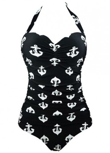 Open Back Anchor Print One Piece Swimwear