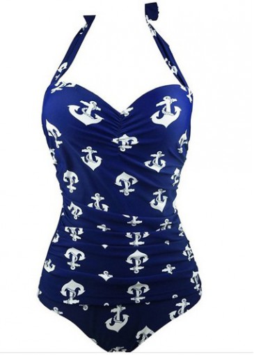 Printed Halter Neck Blue One Piece Swimwear