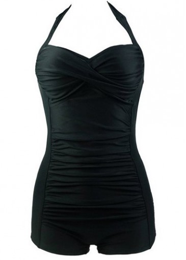 Ruched Black Halter Neck One Piece Swimwear