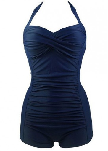 Navy Blue Halter Ruched One Piece Swimwear