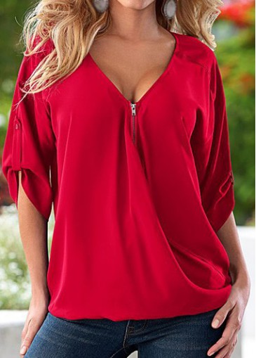Red Chiffon V Neck Half Sleeve Blouse