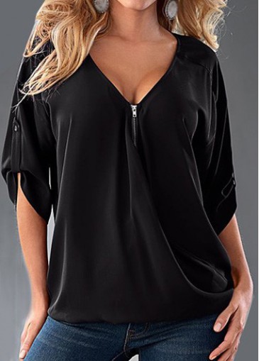 Zipper Closure Black V Neck Half Sleeve Blouse 