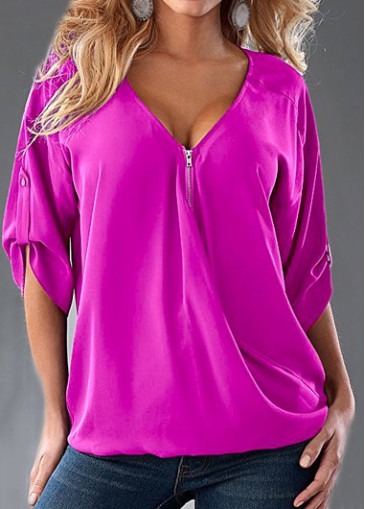 Solid Purple V Neck Half Sleeve Blouse 