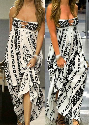 White Keyhole Neckline Printed Maxi Tube Dress