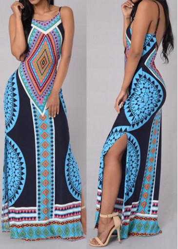 Printed Open Back Slit Design Maxi Dress