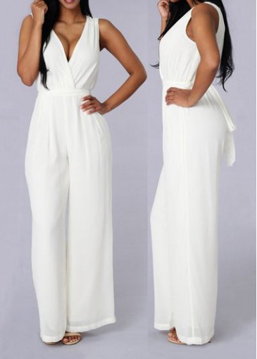V Neck Solid White High Waist Loose Jumpsuit