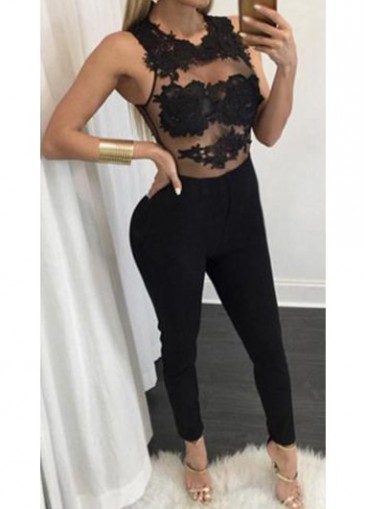 High Waist Lace Panel Sleeveless Black Jumpsuit