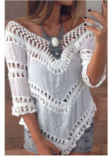 White Asymmetric Hem V Neck Blouse