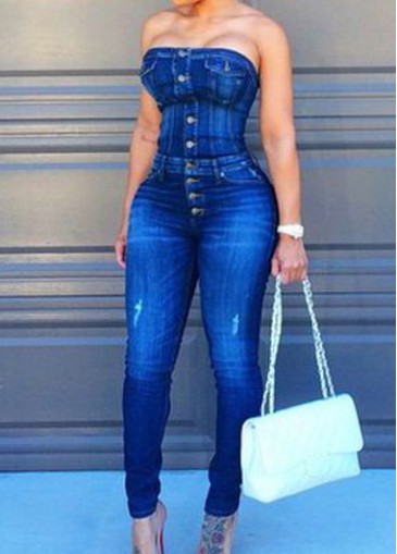 Button Closure Strapless Denim Blue Jumpsuit