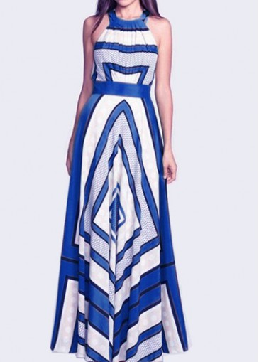 Blue Geometric Pattern Sleeveless Chiffon Maxi Dress