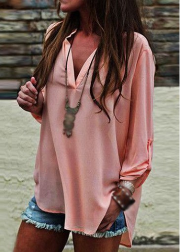 Long Sleeve V Neck Asymmetric Pink Blouse