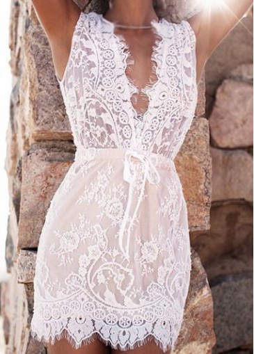 Drawstring Waist V Neck White Lace Mini Dress