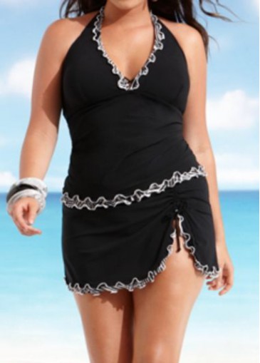 Ruffled Halter Neck Black One Piece Swimwear