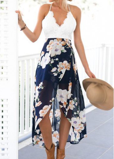 V Neck Sleeveless Flower Print Asymmetric Dress