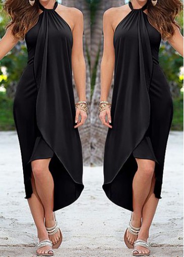 Solid Black Asymmetric Hem Straight Dress