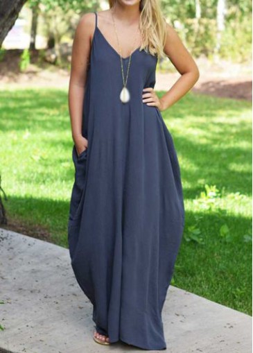 Navy Blue V Neck Sleeveless Maxi Dress