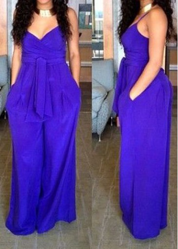 High Waist Pocket Design Blue Jumpsuit