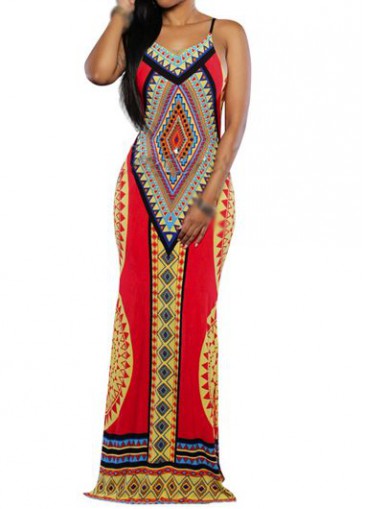 V Neck Open Back Tribal Print Maxi Dress