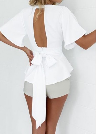 Cutout Design Plunging Neckline White Blouse