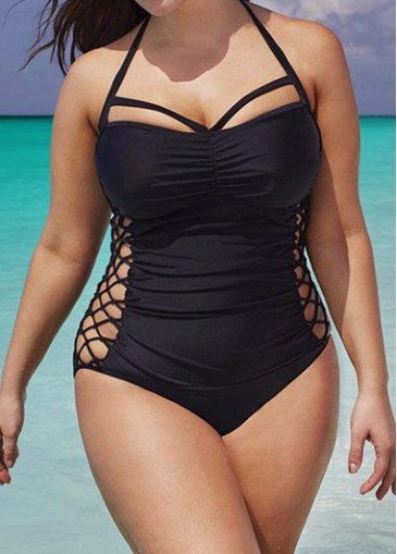 Lace Up Design Black Plus Size Swimwear