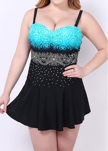 Plus Size Blue and Black Printed Swimdress