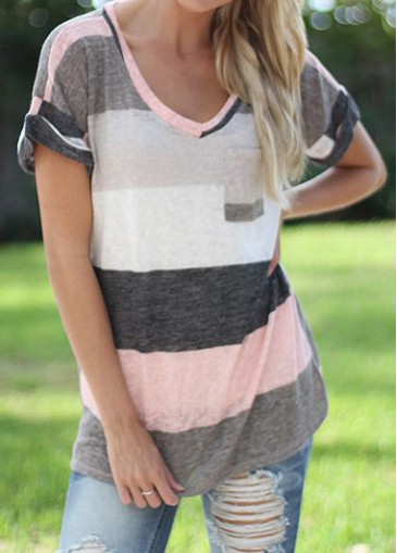 Grey Striped Print Long T Shirt 