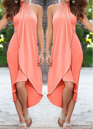 Plus Size Coral Asymmetric Hem Dress