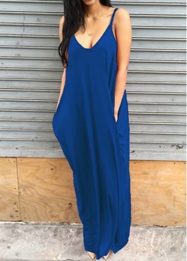 Pocket Decorated Royal Blue Maxi Dress