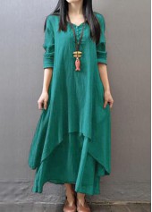 V Neck Long Sleeve Tiered Green Dress