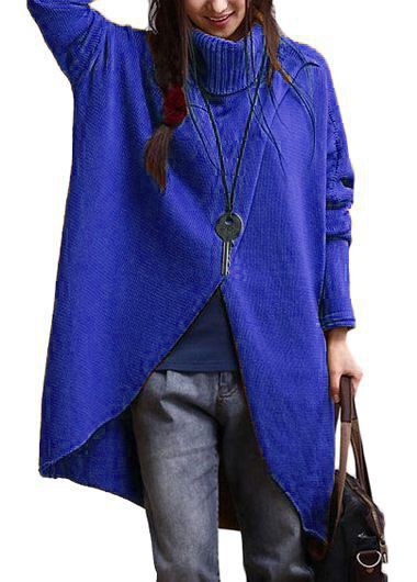 Turtleneck Asymmetric Hem Royal Blue Long Sleeve Sweater Turtleneck Asymmetric Hem Royal Blue Long Sleeve SweaterSweaters & Cardigans<br><br><br>color: Blue<br>size: M,L,XL,XXL,XXXL