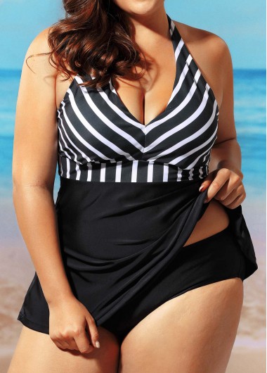 Black Halter Neck Stripe Print Swimdress Black Halter Neck Stripe Print SwimdressSwimwear<br><br><br>color: Black<br>size: L,XL,XXL,XXXL