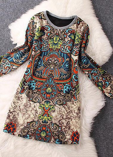 Long Sleeve Round Neck Printed Mini Dress Long Sleeve Round Neck Printed Mini DressPrint Dresses<br><br><br>color: Apricot<br>size: S,M,L,XL,XXL